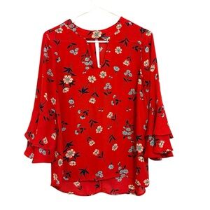 2/$15 Krazy Kat - Red Floral Blouse with 3/4 Bell Sleeves | Size S